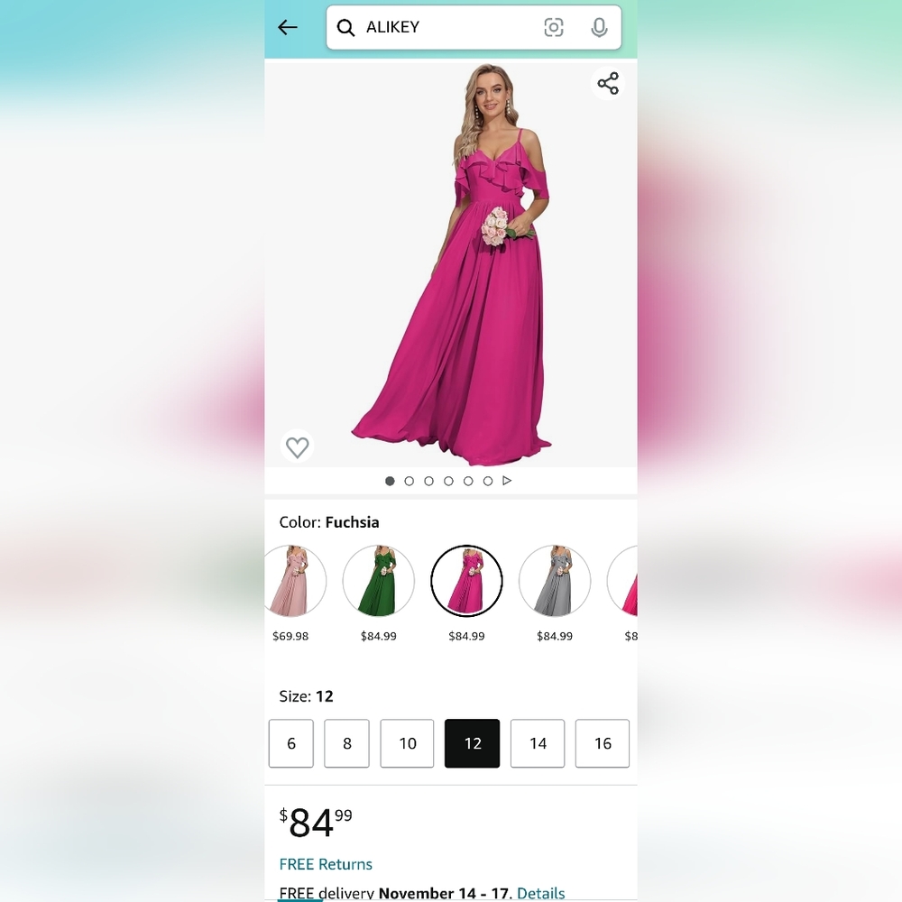 Alikey off the shoulder corset back Fuchsia gown with pockets size 12